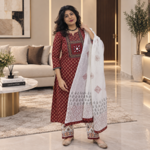 Maroon Cotton Suit Set with Mirror Work