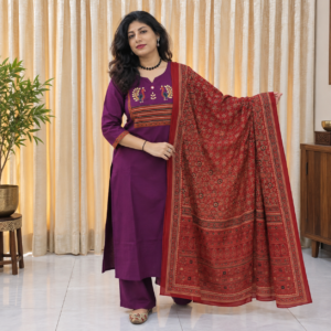 Purple Cotton Salwar Suit Set with Ajrakh-Inspired Dupatta