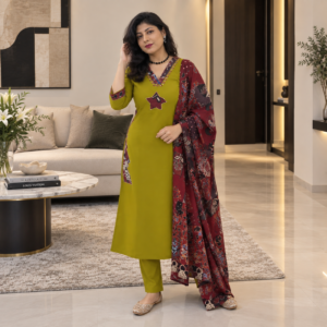 Pure Cotton Salwar Suit Set with Patch Work Detailing & Printed Cotton Dupatta