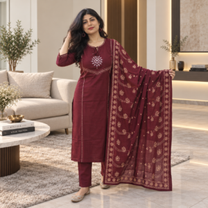 Pure Cotton Kurta Pant Set with Contrast Dupatta