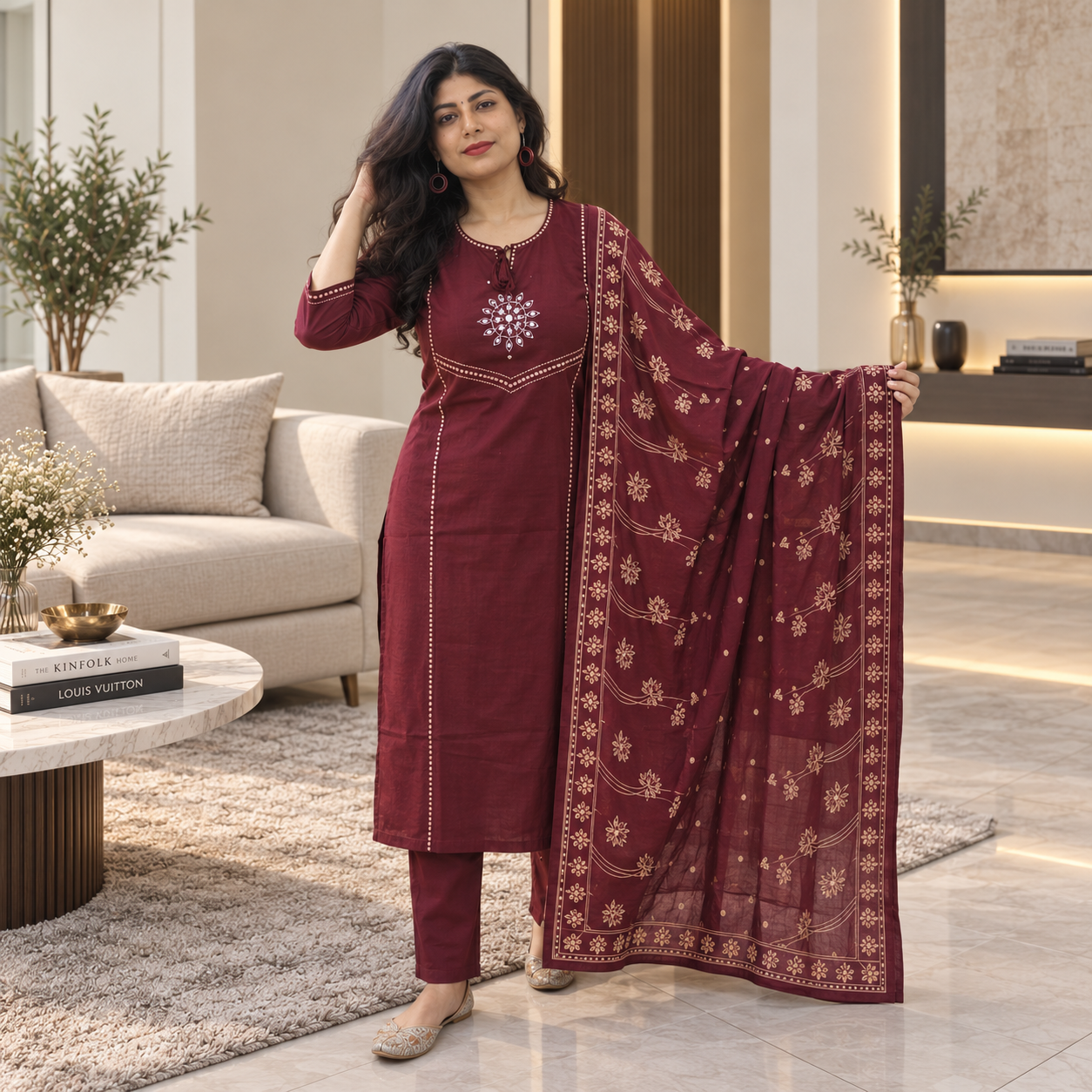 Pure Cotton Kurta Pant Set with Contrast Dupatta