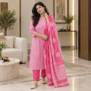Pink Geometric Stripe Cotton Suit Set
